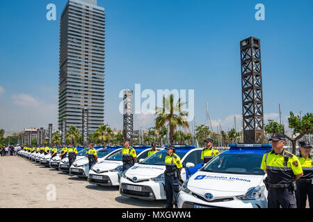 Barcelone, Espagne. 4 juin, 2018. Les nouveaux véhicules de la Garde Urbaine de Barcelone sont vus avec leurs unités de police. Avec la présence du maire et de l'Ada Colau commissaire sécurité Amadeu Recasens, la présentation de la nouvelle flotte de véhicules de patrouille de la Guardia Urbana de Barcelona a eu lieu. L'investissement était de 12,6 millions d'euros. Les nouveaux véhicules d'un système hybride permettent une économie de carburant de 608 euros par véhicule et par an. Ces nouvelles voitures sont équipées de la nouvelle technologie de la communication et des caméras avec reconnaissance de la plaque d'immatriculation. Banque D'Images