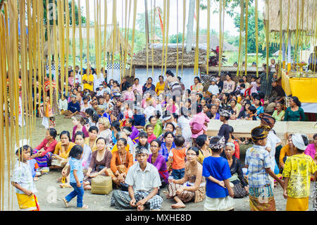 UBUD,BALI- 27 juillet : les hommes apportent des offrandes à Ubud pour célébrer une messe de funérailles le 27 juillet à Ubud, Indonésie Banque D'Images