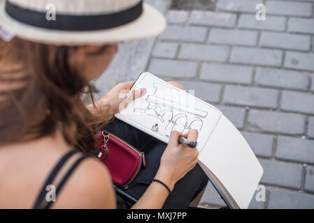 Dessin d'un illustrateur d'un bâtiment sur les rues de La Havane, Cuba. Banque D'Images