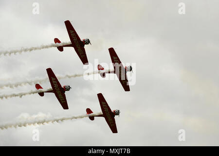 Voler des pilotes de l'équipe de voltige Aeroshell North American AT-6 Texans dans une formation au cours de la Garde nationale de Caroline du Sud et la masse de l'air Expo à McEntire Joint National Guard Base, Caroline du Sud, le 5 mai 2017. Cette expo est une démonstration des capacités de la Garde nationale de Caroline du Sud, aviateurs et soldats en disant merci pour le soutien des collègues sud Carolinians et la communauté environnante. Banque D'Images