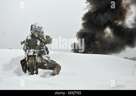 Un soldat ukrainien affecté au 1er Bataillon, 80e brigade aéromobile scouts avant la simulation d'activités de l'ennemi sur le plan international et de maintien de la sécurité dans l'viv, Ukraine, le 14 novembre 2016. Soldats affectés à la 6e Escadron, 8e régiment de cavalerie, l'équipe de combat de la 2e Brigade d'infanterie, 3ème Division d'infanterie est déployée à l'appui de la formation Group-Ukraine multinationales conjointes. Le Group-Ukraine multinational interarmées fournit des soldats américains et le personnel des opérations spéciales pour former des unités de la Garde nationale de l'Ukraine dans un effort soutenu pour renforcer les défenses de l'Ukraine. (U.S. Un Banque D'Images