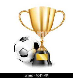 Trophée d'or et ballon de soccer football isolé sur fond blanc vector illustration, avec copie espace Illustration de Vecteur