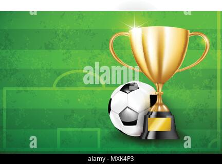 Trophée d'or et ballon de soccer foot greeen grass field vector illustration, avec copie espace Illustration de Vecteur