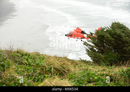 Un équipage à bord d'un hélicoptère MH-65 Dolphin survole Benson plage près de la North Head Light dans Fez, Wash., lors d'un vol d'entraînement, le 10 novembre 2016. L'équipage prend part à une session de l'école de sauvetage hélicoptère avancé mené par l'équipe responsable de la normalisation de l'aviation de la Garde côtière canadienne Centre de Formation à Mobile (Alabama). U.S. Coast Guard photo de Maître de 1re classe Levi Lire. Banque D'Images