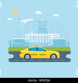 Bannière avec le taxi jaune de la machine dans la ville. Service de taxi public concept. L'aéroport de la ville, sur l'arrière-plan. Télévision vector illustration. Illustration de Vecteur