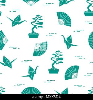 Modèle intégré de bonsaï, origami grues de papier, fans. Voyages et loisirs. Éléments de conception traditionnelle du Japon. Illustration de Vecteur