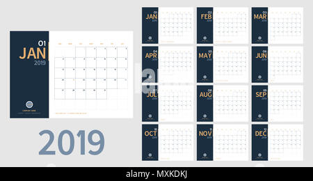 Vecteur de 2019 nouveau calendrier de l'année en nettoyer un minimum de table simple style et couleur jaune orange et bleu,Holiday event planner,semaine commence le dimanche. : Banque D'Images
