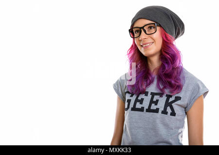 Studio shot of happy geek girl smiling en pensant et lookin Banque D'Images