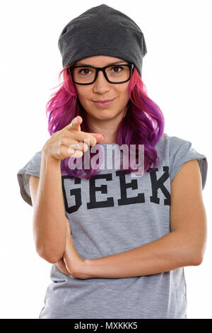 Studio shot of geek girl pointing at camera Banque D'Images
