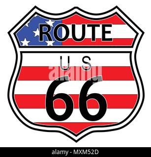 Route sixty six panneau routier sur une stars and stripes flag background sur un fond blanc Illustration de Vecteur