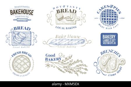 Ensemble de boulangerie, étiquettes monochrome vecteur d'insignes, emblèmes. Illustrations rétro à la main. Les modèles de conception de logo. Peut être utiliser pour l'emballage, de menu. Illustration de Vecteur