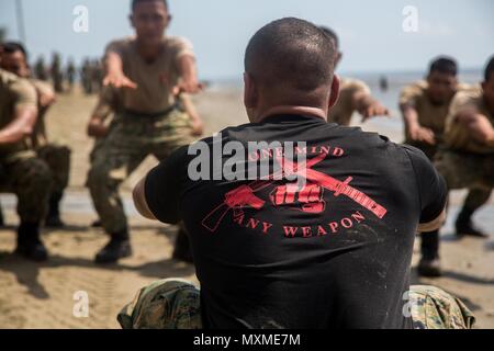 La province de Sabah, Malaisie (nov. 12, 2016) - Un programme d'arts martiaux du Marine Corps avec l'instructeur de l'Équipe de débarquement du bataillon 1er Bataillon, 4ème Marines, 11e Marine Expeditionary Unit, réchauffe soldats malaisiens avec 7e Bataillon, Royal Malay Regiment, avec s'accroupit avant une période d'instruction pendant l'exercice Tiger grève le 12 novembre 2016. Exercice rigoureux avant d'MCMAP est destinée à la fatigue le corps et l'esprit, forçant les Marines de lutte alors que fatigué mentalement et physiquement. Grève de tigre est un exercice bilatéral entre l'île de Makin Groupe Amphibie/11e MEU et les Forces armées malaisiennes conçu pour Banque D'Images