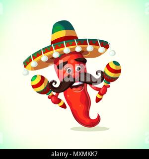 Poivre rouge sombrero et porter avec les maracas. Cartoon Mascot mexicaine Chili Pepper dans avec moustache. Symboles de Cinco de Mayo vacances mexicaines. vector illustration Illustration de Vecteur