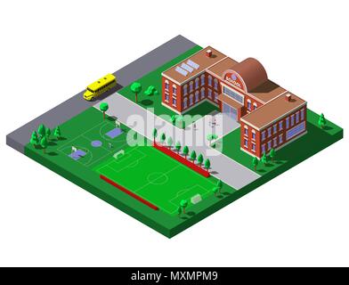 Bâtiment de l'école avec le soccer, terrain de tennis et des autobus scolaires. Vector illustration isométrique. Illustration de Vecteur