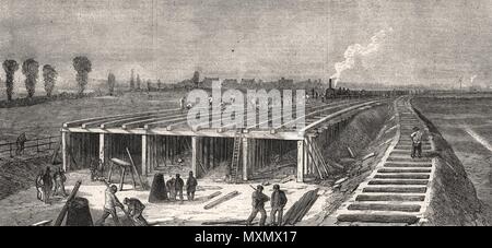 La construction du remblai drainage Londres en béton à travers les marais 1861 Plaistow. L'Illustrated London News Banque D'Images