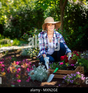 Belle femme de jardinier smiling, caisses en bois plein de fleurs prêts à être plantés dans son jardin. Concept de jardinage. Banque D'Images