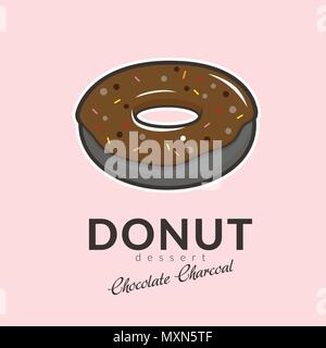 Le charbon de donut chocolat, saveur avec sprinkles colorés sur le dessus isolé sur fond rose. hand drawn cartoon vector illustration. Illustration de Vecteur