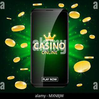 Internet Casino en ligne label avec de l'argent des pièces de monnaie. Gagnant du Jackpot Casino jouer avec l'affiche du texte. Jouer poker Web concept réussite. Vector illustration Illustration de Vecteur