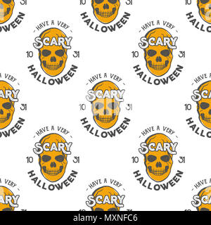 Crânes Halloween seamless pattern avec maison de vacances tiens la typographie. Scary Halloween fond d'écran. Le point isolé sur fond blanc. couleurs rétro. Vintage design dessiné à la main Banque D'Images