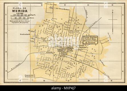 Plano de Mérida, au Mexique. Mapa de la ciudad. Plan de ville vieille 1935 Banque D'Images