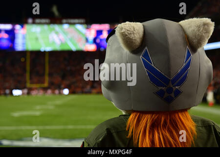 Miles, la mascotte Denver Broncos, montres les Broncos jouer Chiefs de Kansas City le 27 novembre 2016, au cours d'un hommage à Denver Broncos Service game le 27 novembre 2016, à Sports Authority Field at Mile High, à Denver. Les Broncos de Denver participer à l'Hommage à la campagne de service en hommage aux anciens combattants et les militaires en service actif. (U.S. Air Force photo par un membre de la 1re classe Gabrielle Spradling/libérés) Banque D'Images