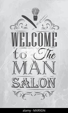 Poster Coiffure Bienvenue sur le salon de l'homme, dans un style rétro et stylisé pour le dessin avec le charbon. Illustration de Vecteur