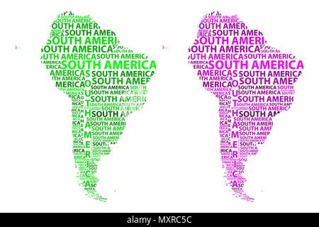 Amérique du Sud Croquis texte lettre continent, l'Amérique du Sud - mot dans la forme du continent africain, la carte du continent Amérique du Sud - vert et violet (vio Illustration de Vecteur