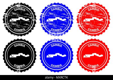 La Gambie - timbres en caoutchouc - vecteur, République de Gambie carte - sticker - noir, bleu et rouge Illustration de Vecteur