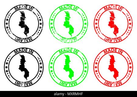 Faite au Malawi - timbres en caoutchouc - vecteur, Malawi carte - noir, vert et rouge Illustration de Vecteur