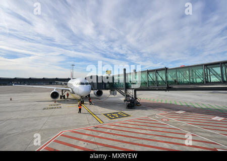 Colombier-Saugnieu (sud-est de la France). 2017/10/26. L'aéroport de Lyon Saint-Exupéry. Les passagers débarquant d'un avion sur le tarmac Banque D'Images