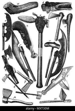 Axes d'époques différentes et des peuples. a) corne de cerf, hache hache de pierre b), c), d) cleaver holm ax à partir de l'âge de maisons sur pilotis, e) la hache de pierre Schamyl, f, g, h) hache de guerre russe ancien (de Tsarskoe Selo), j, k, l, m) d'Indiens de haches , n, o) grève textes de la mer du sud de l'Île, p, q) de l'axes menuisier allemand présent, 1874 Banque D'Images