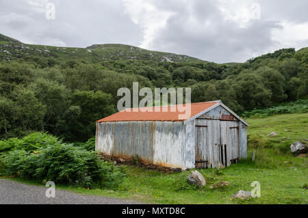 Un vieux carton ondulé en ruines et garage ou grange dans un cadre rural. Banque D'Images