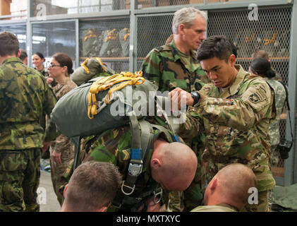 Sfc de l'armée. Phouphadith Voravong, représentant le HHC, USAJFKSWCS, aide un soldat des Pays-Bas avec l'enfilage du parachute principal MC6 en préparation pour l'opération TOY DROP XIX. La sécurité est la priorité absolue pour l'opération TOY DROP. Tous les jumpmasters, américains et étrangers passent des heures dans les avions et le parachute classes de familiarisation afin qu'ils sont claires sur toutes les tactiques et les procédures de sécurité de l'exploitation. (U.S. Réserve de l'Armée Photo par le Sgt. Darryl Montgomery Banque D'Images