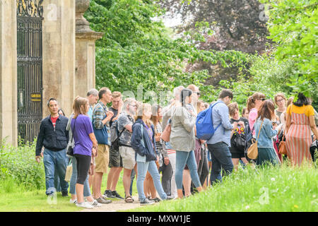 Un groupe de touristes écouter un guide pour une journée ensoleillée à l'extérieur de l'arrière de Clare College, Cambridge, Angleterre. Banque D'Images