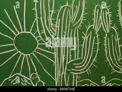 Une scène avec cactus et sun est le dessin à la craie sur un tableau. Banque D'Images