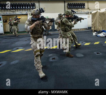 Les militaires à bord du RFA Lyme Bay (l 3007) du CTG 56.1, de l'EODMU 1 et du 45 Commando Royal Marines ont mené des opérations de combat rapprochées au cours du Royaume-Uni et des États-Unis Exercice de lutte contre les mines 17-1 dans le golfe Persique. L'exercice a amélioré l'interopérabilité, les capacités mutuelles de lutte contre les mines, la sécurité maritime et la liberté de navigation. Le CTG 56,1 a mené des contre-mesures contre les mines, des opérations sous-marines et des missions de protection des forces. Banque D'Images