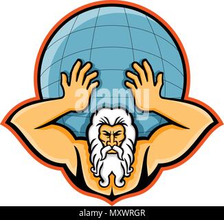 L'icône de mascotte illustration de chef de l'Atlas, un Titan dans la mythologie grecque dieu en tenant le monde ou globe la vue de l'avant sur fond isolé Illustration de Vecteur