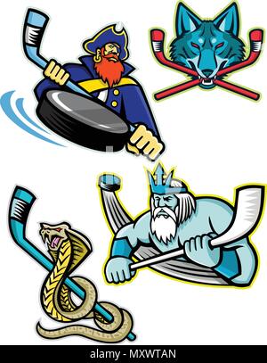 L'icône illustration mascotte ensemble de sports Hockey sur glace mascottes comme mousquetaire ou Pirate, gris loup ou coyote, Poseidon ou Neptune et un lit king cobra ou Illustration de Vecteur