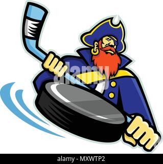 Icône mascotte illustration de tête d'un mousquetaire, pirate, corsaire ou corsair avec bâton de hockey sur glace et puck vu de l'avant sur des backgrou Illustration de Vecteur