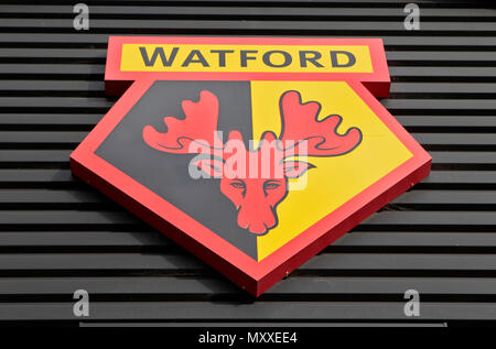 La vue extérieure et la signalisation de Watford Football Premiership, Vicarage Road, Watford, Hertfordshire, England, UK Banque D'Images