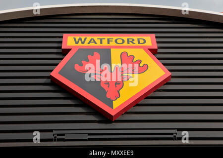 La vue extérieure et la signalisation de Watford Football Premiership, Vicarage Road, Watford, Hertfordshire, England, UK Banque D'Images