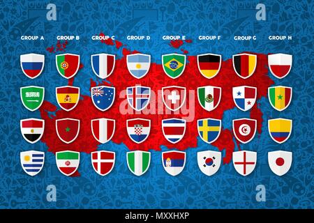 L'événement le modèle de liste de l'équipe de soccer. Groupe sport spécial annexe avec des pays et leurs drapeaux sur fond de carte russe. Vecteur EPS10. Illustration de Vecteur