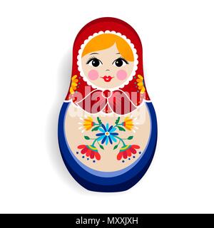 Poupée russe traditionnelle ornement isolé sur fond blanc. Matrioska nidification girl, souvenir de la Russie en robe à la main. Vecteur EPS10. Illustration de Vecteur