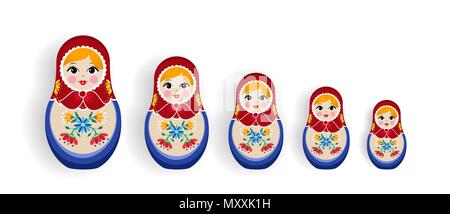 Jeu de poupée russe toys isolé sur fond blanc. Famille fille matrioska nidification, souvenir de la Russie en robe à la main. Vecteur EPS10. Illustration de Vecteur