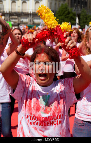 Madrid, Espagne. 27 mai, 2018. Anti-Bullfighting prétendant démonstration pour l'abolition de la corrida de la tradition. Credit : Rafael Bastante/Pacific Press/Alamy Live News Banque D'Images