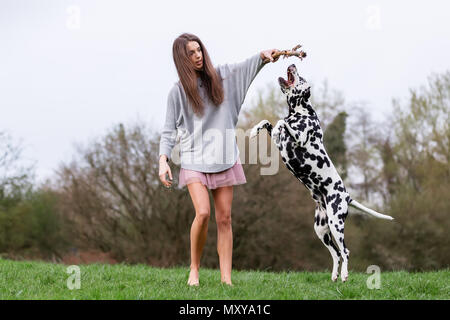 Jolie jeune femme joue avec un chien dalmatien sur le pré Banque D'Images