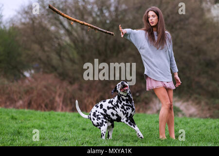 Jolie jeune femme joue avec un chien dalmatien sur le pré Banque D'Images