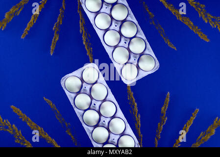 Ensemble boîte-cadeau de Pâques le surréalisme avec des branches d'œufs blancs chatons. La vue depuis le haut de la place pour le texte. Contexte Les rayons ultraviolets Banque D'Images