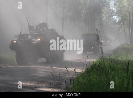 Les forces de l'armée américaine propose de mener de l'avant l'adoption de lignes avec les équipes de reconnaissance britannique pendant 18 ans à la grève Sabre Bemowo Piskie Zone de formation en Pologne le 4 juin 2018. Grève 18 Sabre est la huitième édition de l'armée américaine de longue date par l'Europe de la formation coopérative exercice visant à accroître l'interopérabilité entre les alliés et les partenaires régionaux. (Michigan Army National Guard photo de 1er lieutenant Erica Mitchell/ libéré). Banque D'Images