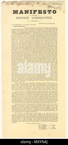 Manifeste du comité de grève des membres de. La liaison du Premier mai à la Fête du travail dans le Queensland a commencé dans le 1er mai 1891 Barcaldine, lorsque l'on frappe tondent et bûcherons ont défilé dans les rues. La grève a été interrompue cinq jours plus tard le 6 mai 1891, lorsque l'administration coloniale, avec l'appui de la Nouvelle Galles du Sud et du Queensland, a ordonné l'arrestation des dirigeants des tondeurs sur un certain nombre d'accusations, y compris de la sédition et de complot. Treize chefs a été trouvé coupable de complot, le 20 mai 1891 à Rockhampton, et condamné à trois ans de travaux forcés Banque D'Images